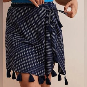 Aerie Striped Tassel Wrap Skirt in Navy/White Size L